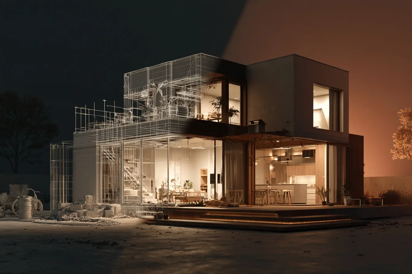 Kuća pola kao žičani model, pola kao render